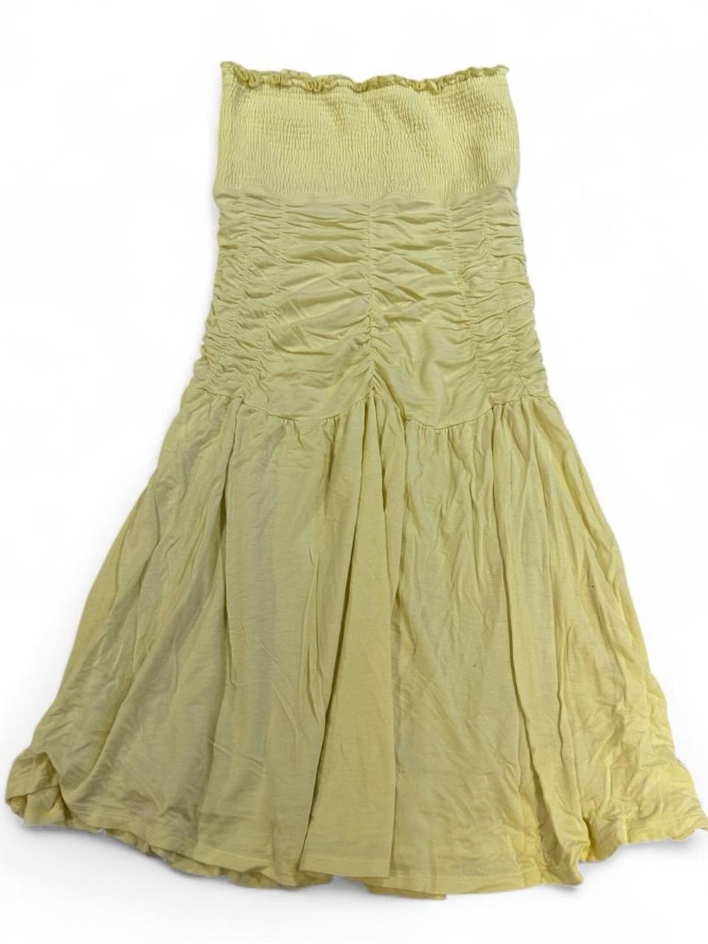 Y2K Butter Yellow Strapless Tube Flowy Smocked Midi Dress by Foxy Jeans